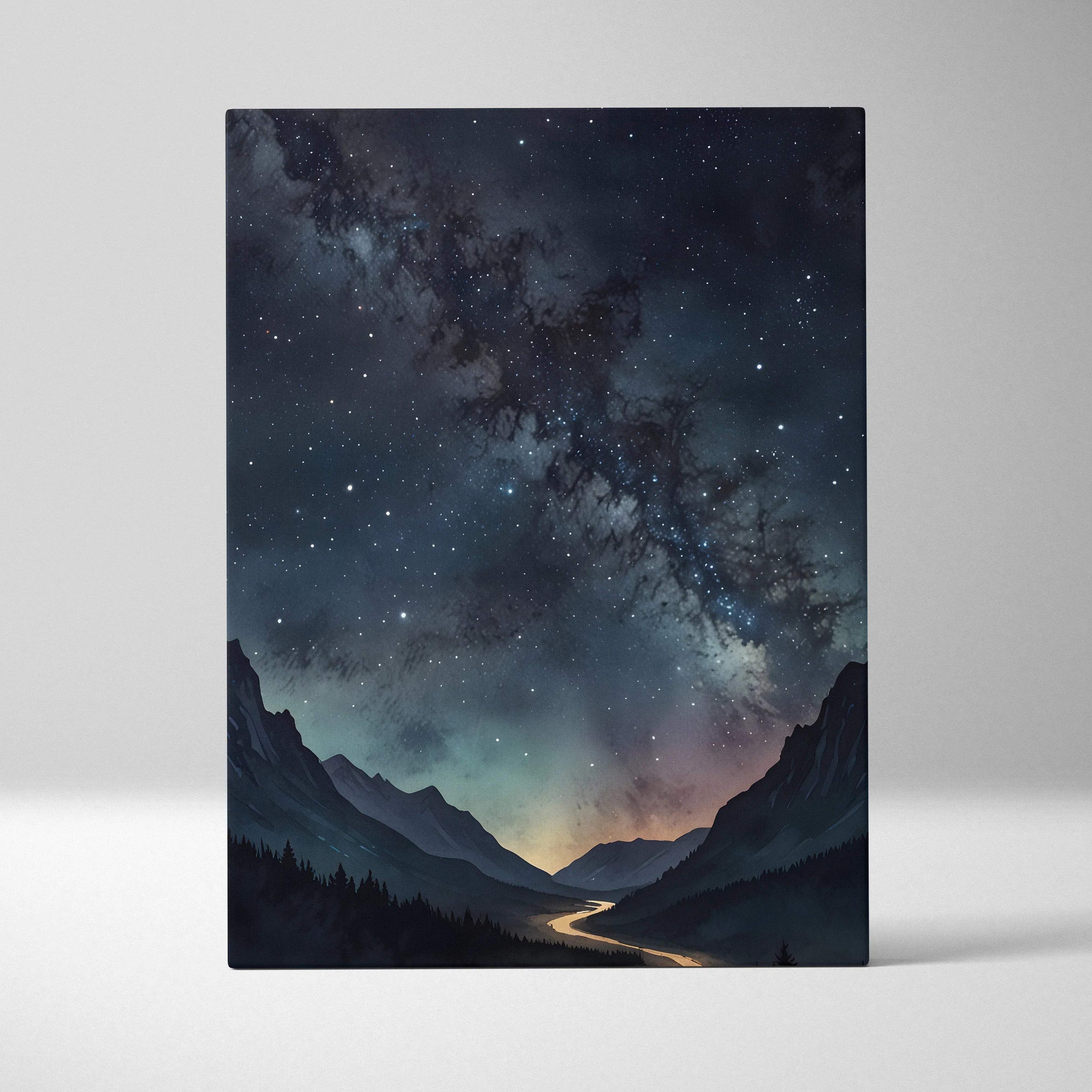 Vertical canvas wall art depicting watercolor night sky with stars and mountain silhouettes.