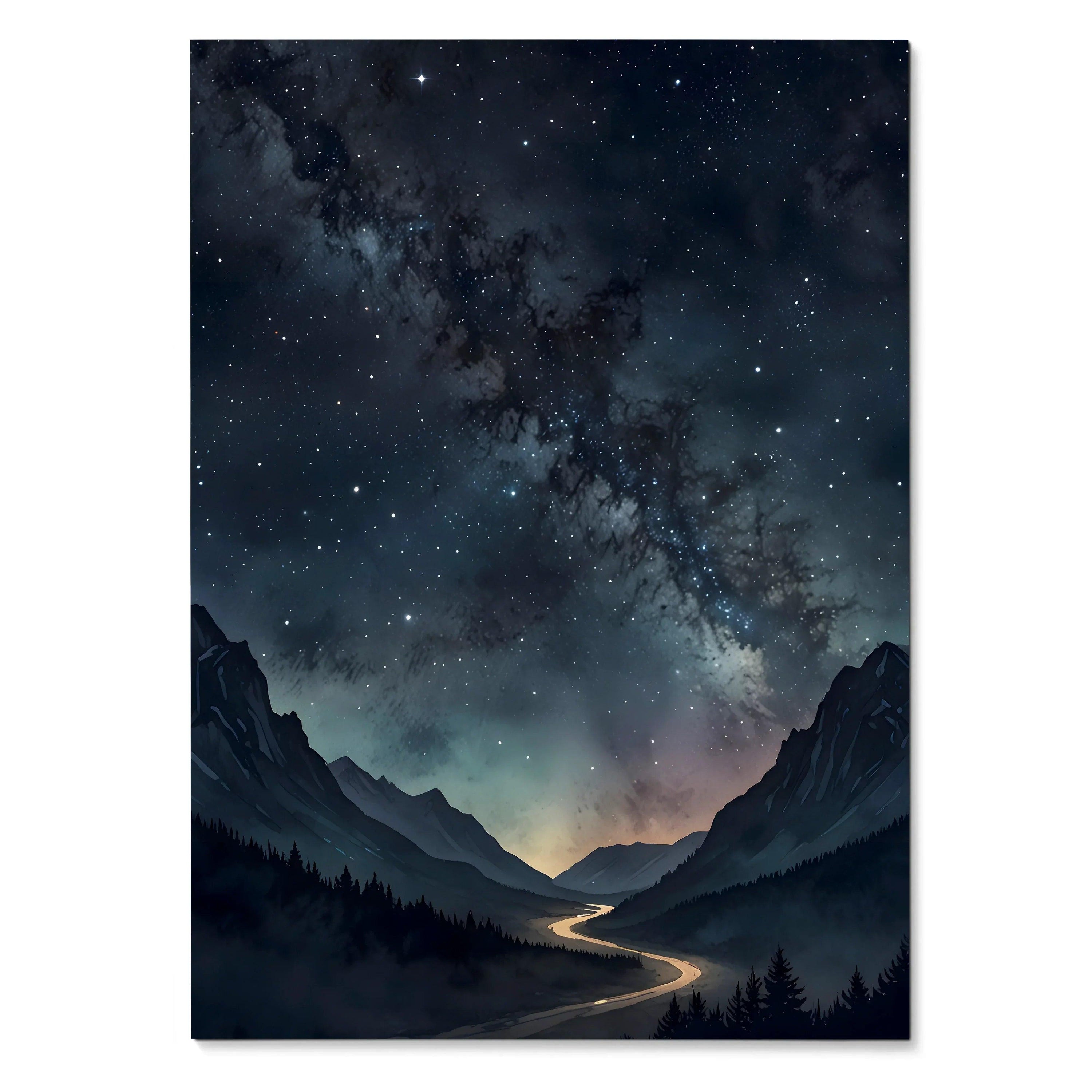 Vertical watercolor poster of night sky with stars over dark mountain landscape wall art.
