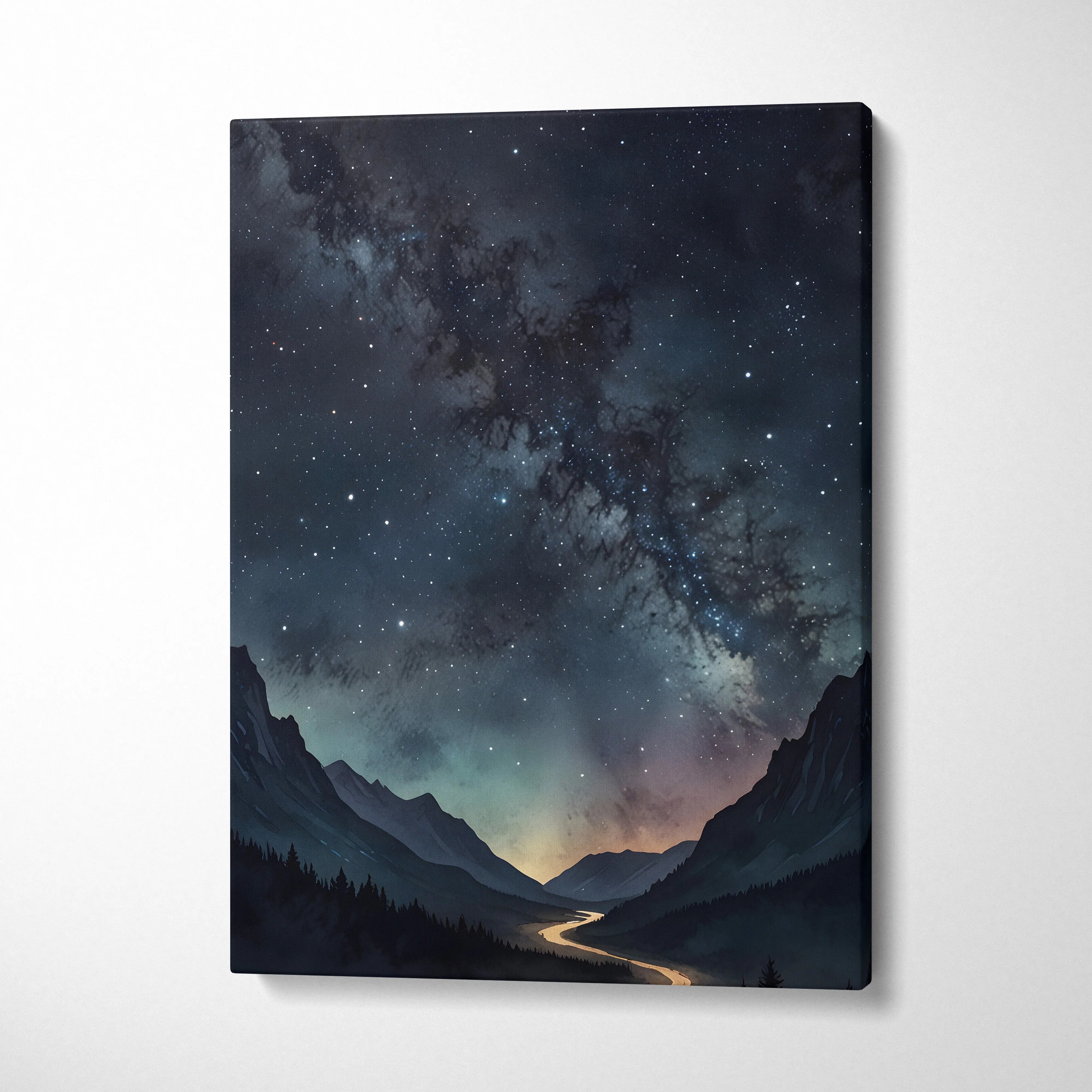 Watercolor night sky mountains canvas wall art with starry galaxy and illuminated valley river.