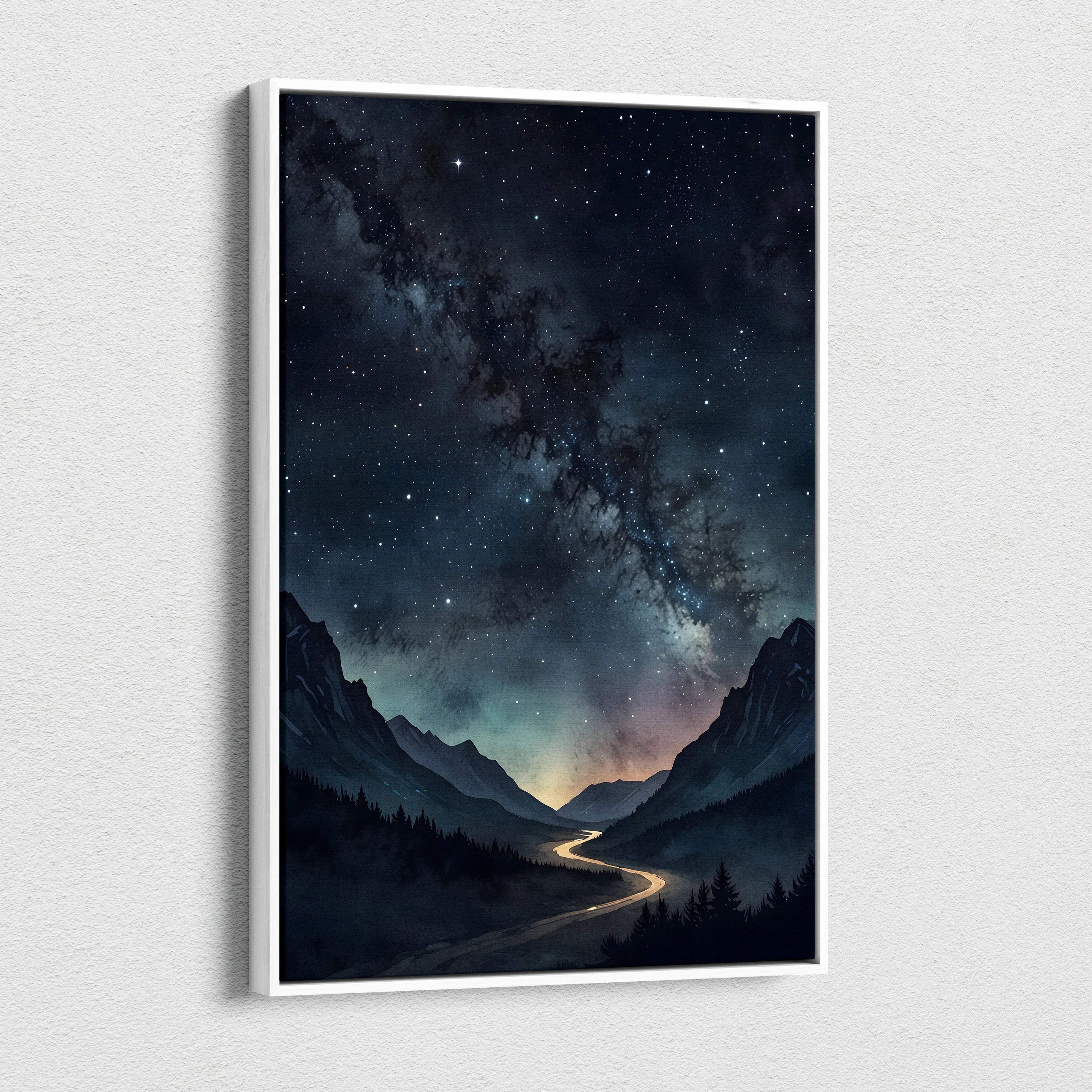 Vertical watercolor canvas wall art of night sky with stars and glowing mountain road.