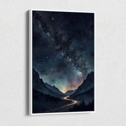 Vertical watercolor canvas wall art of night sky with stars and glowing mountain road.