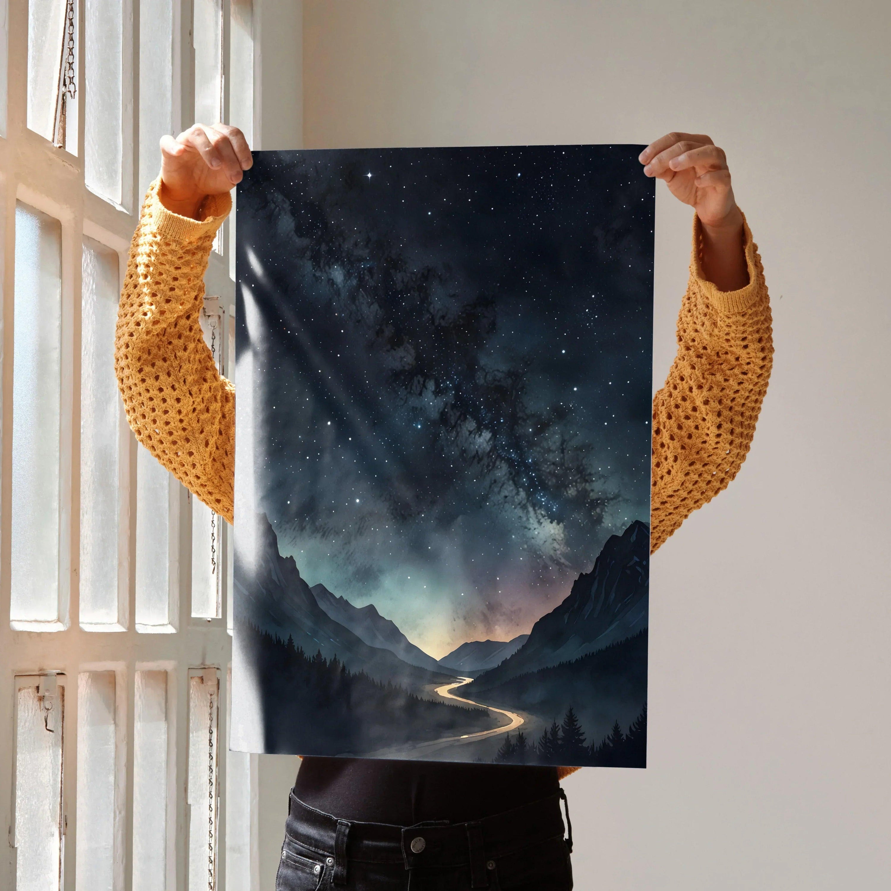 Watercolor poster wall art featuring a night sky with stars and mountainous landscape with a glowing river.