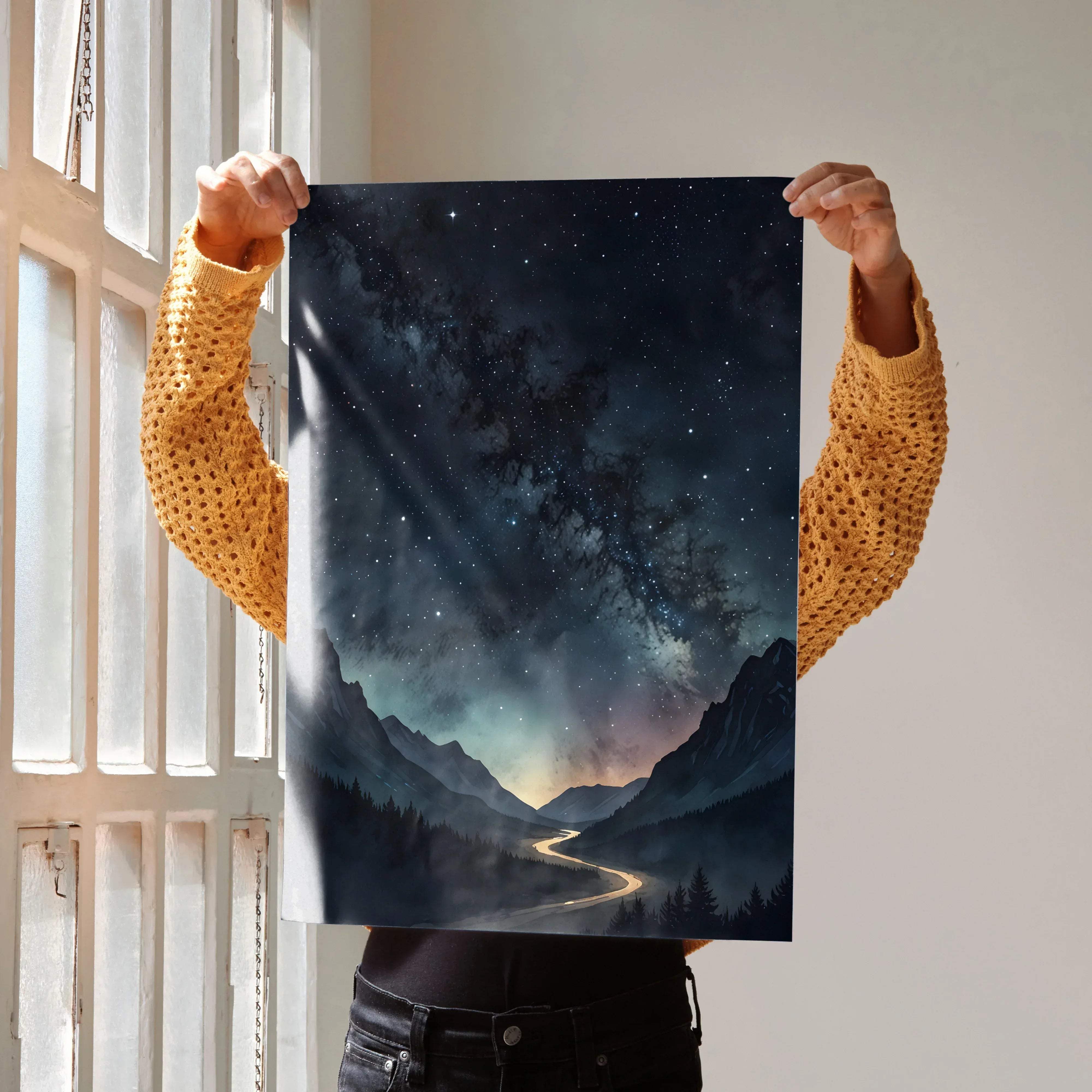 A rectangular watercolor style night sky mountains nature poster with starry sky in deep blue teal and soft gold hues