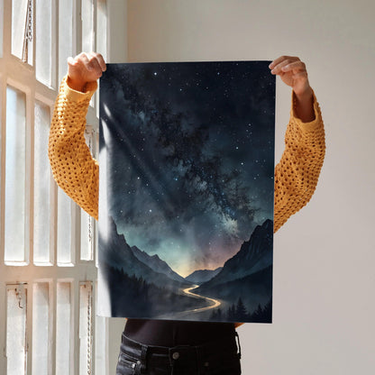 Watercolor poster wall art featuring a night sky with stars and mountainous landscape with a glowing river.