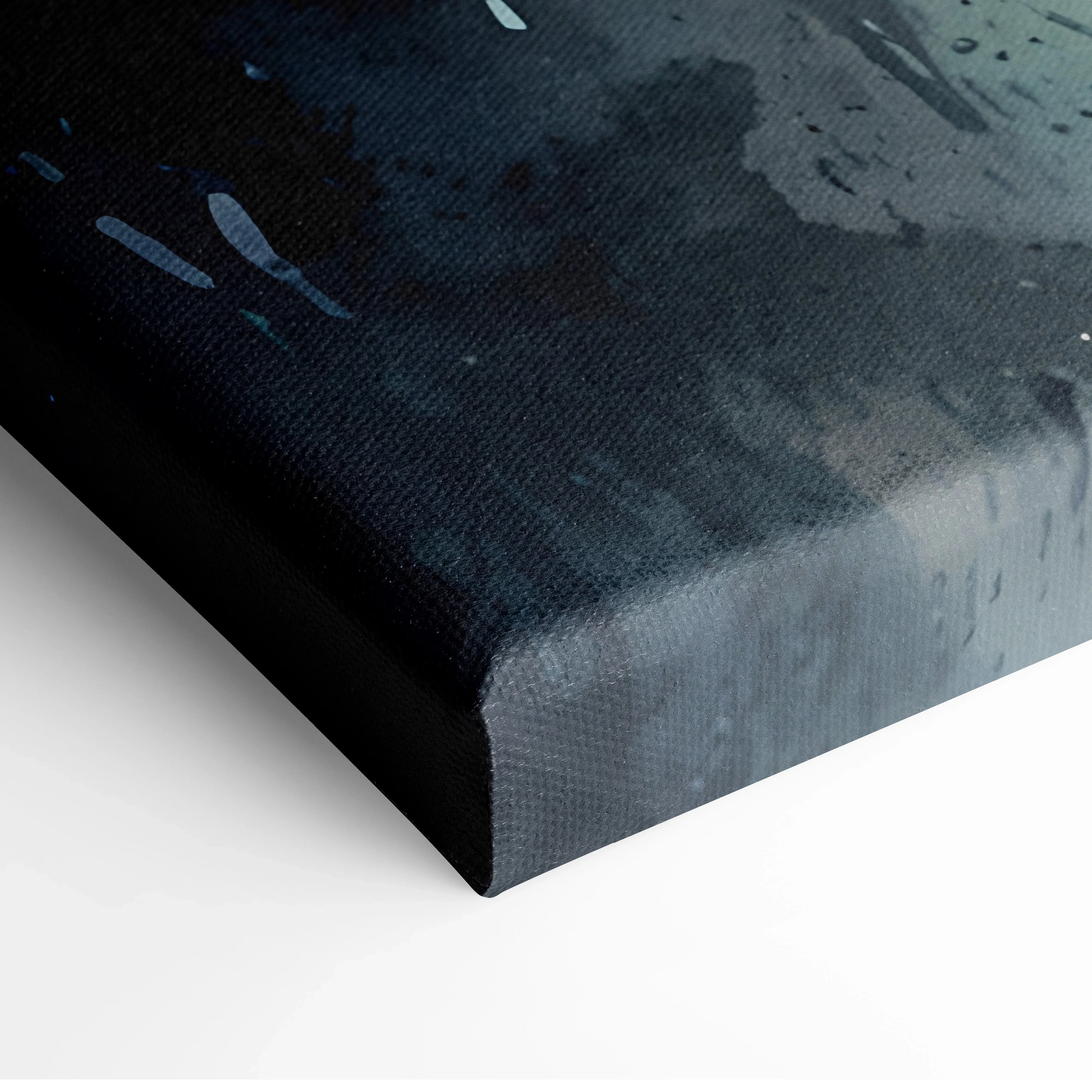 Dark blue and black cityscape watercolor canvas wall art with textured edges.