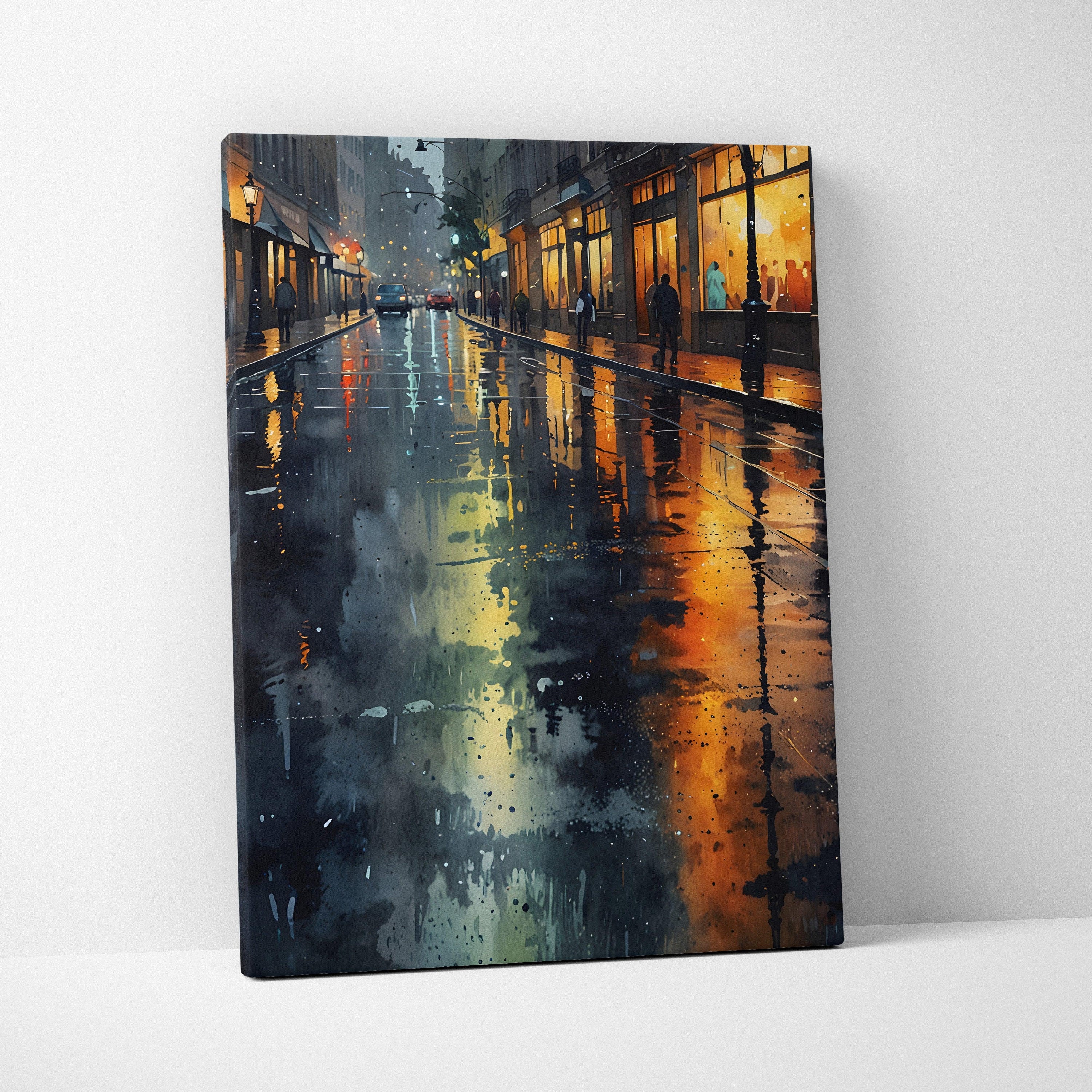 Vertical canvas wall art featuring a rainy city street with glowing lights reflected on wet pavement.