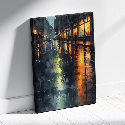 Vertical cityscape canvas wall art with rainy street and warm glowing store lights reflection.