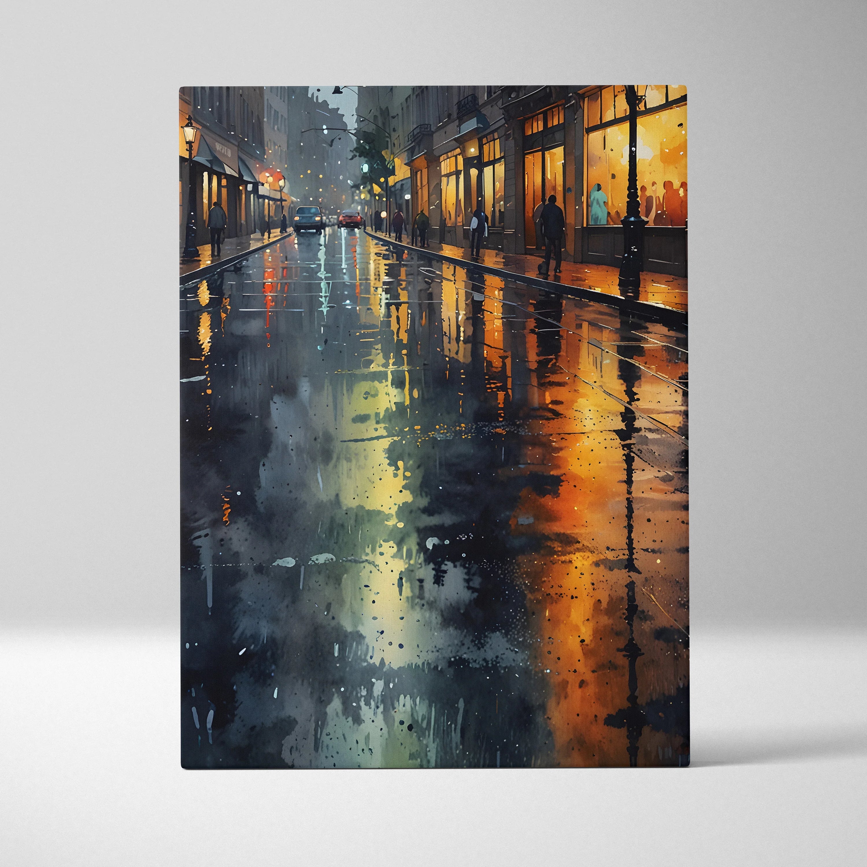 Vertical cityscape canvas wall art with reflective wet streets in watercolor style.