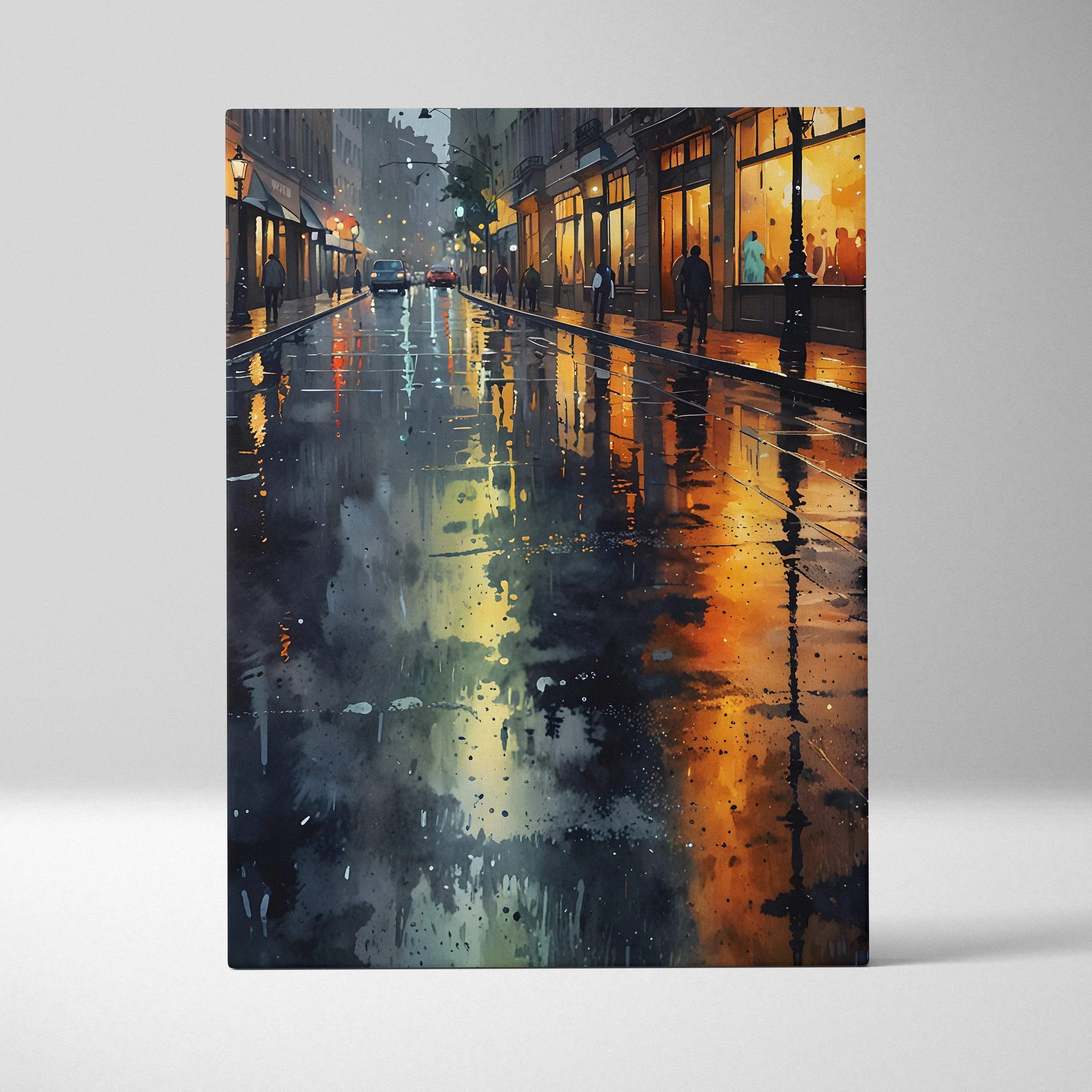 Moody blues urban night cityscape canvas wall art featuring rain-slicked street with neon reflections and amber glow