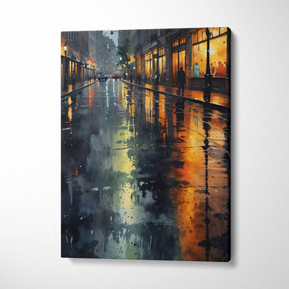Cityscape canvas wall art with vibrant watercolor reflections on a rainy street at night.
