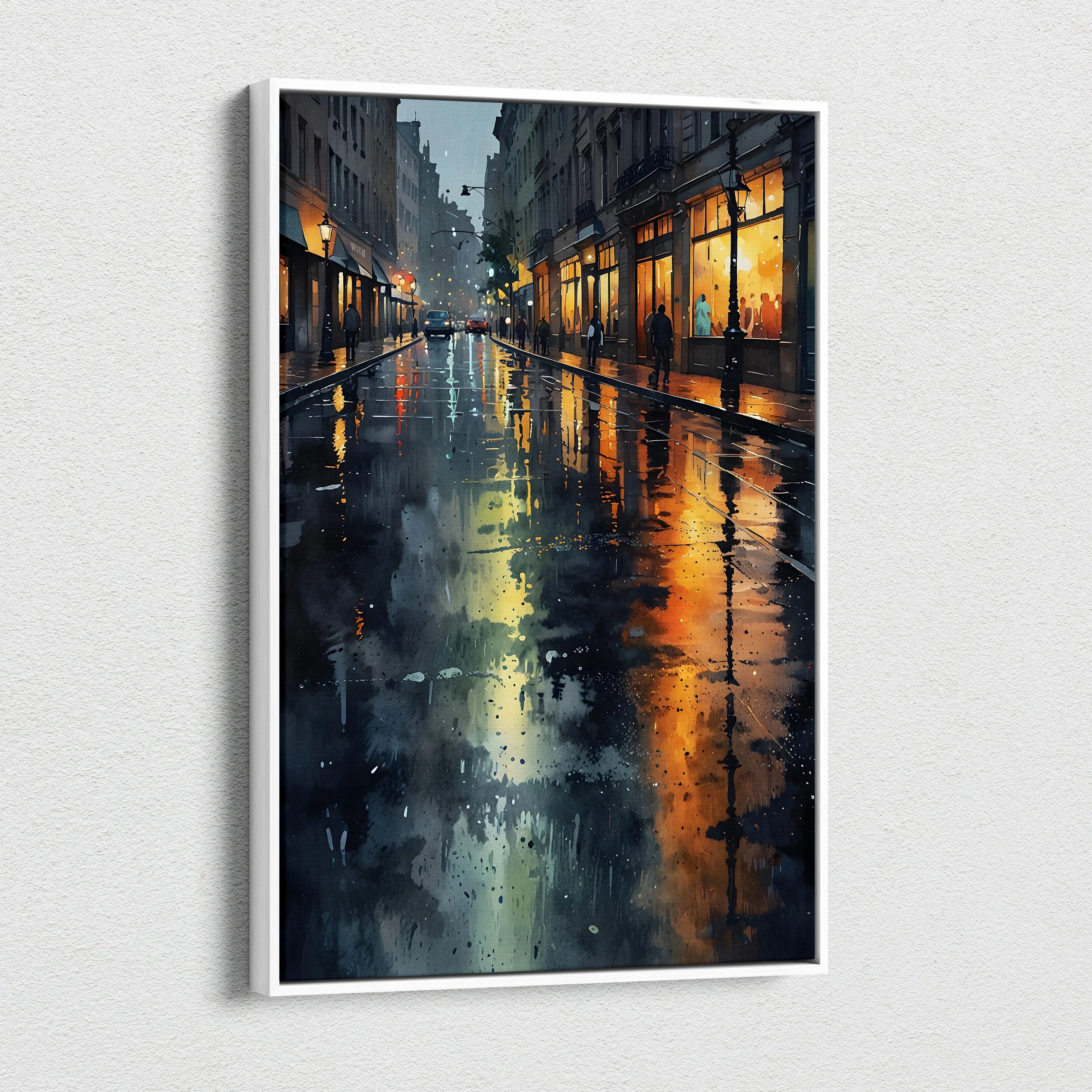 Vertical canvas wall art featuring a rainy cityscape with glowing storefronts reflected on wet pavement.