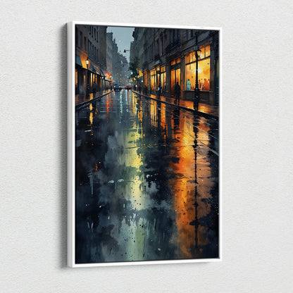 Vertical canvas wall art featuring a rainy cityscape with glowing storefronts reflected on wet pavement.