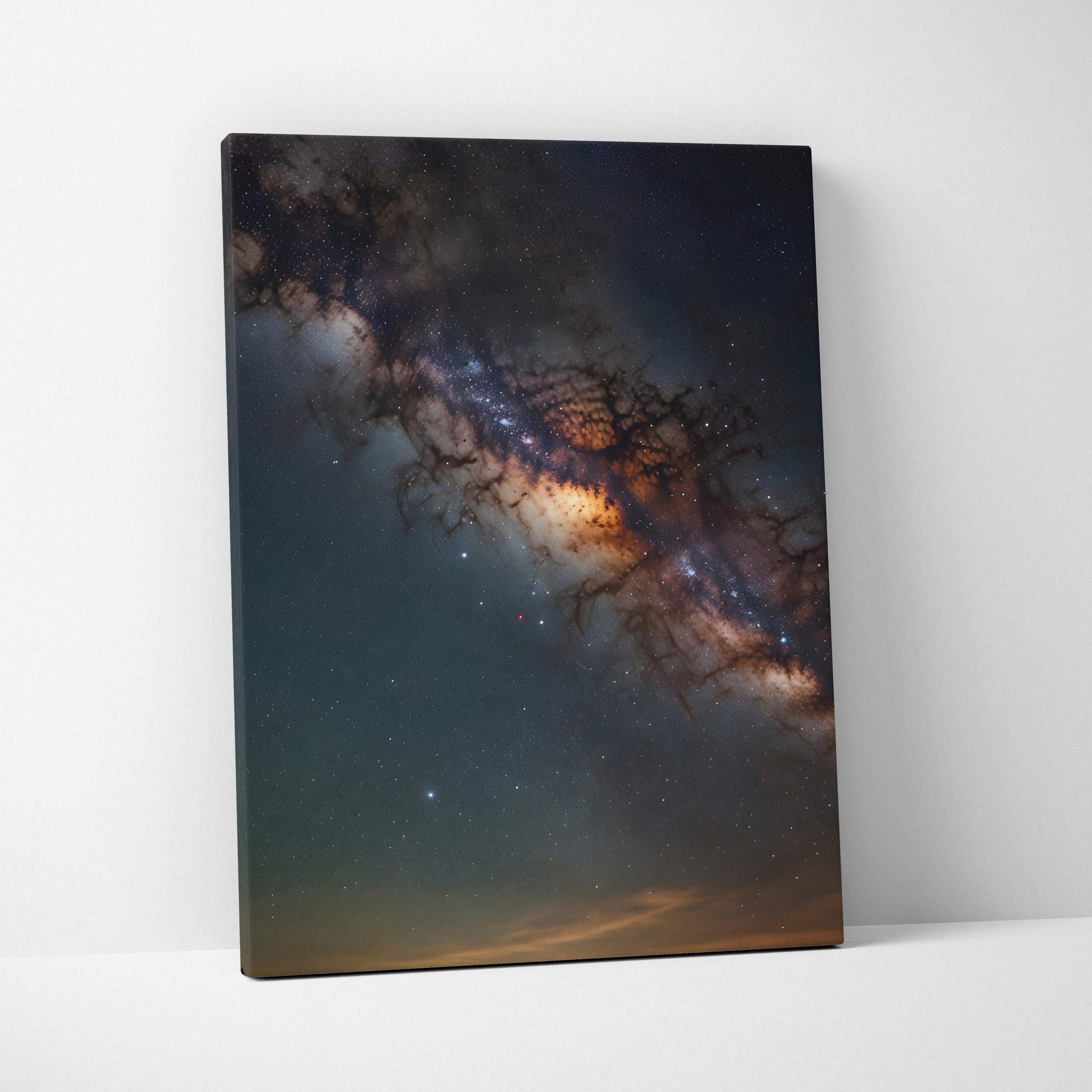 Vertical canvas wall art featuring a vibrant starry night sky with glowing nebula and dark space clouds.