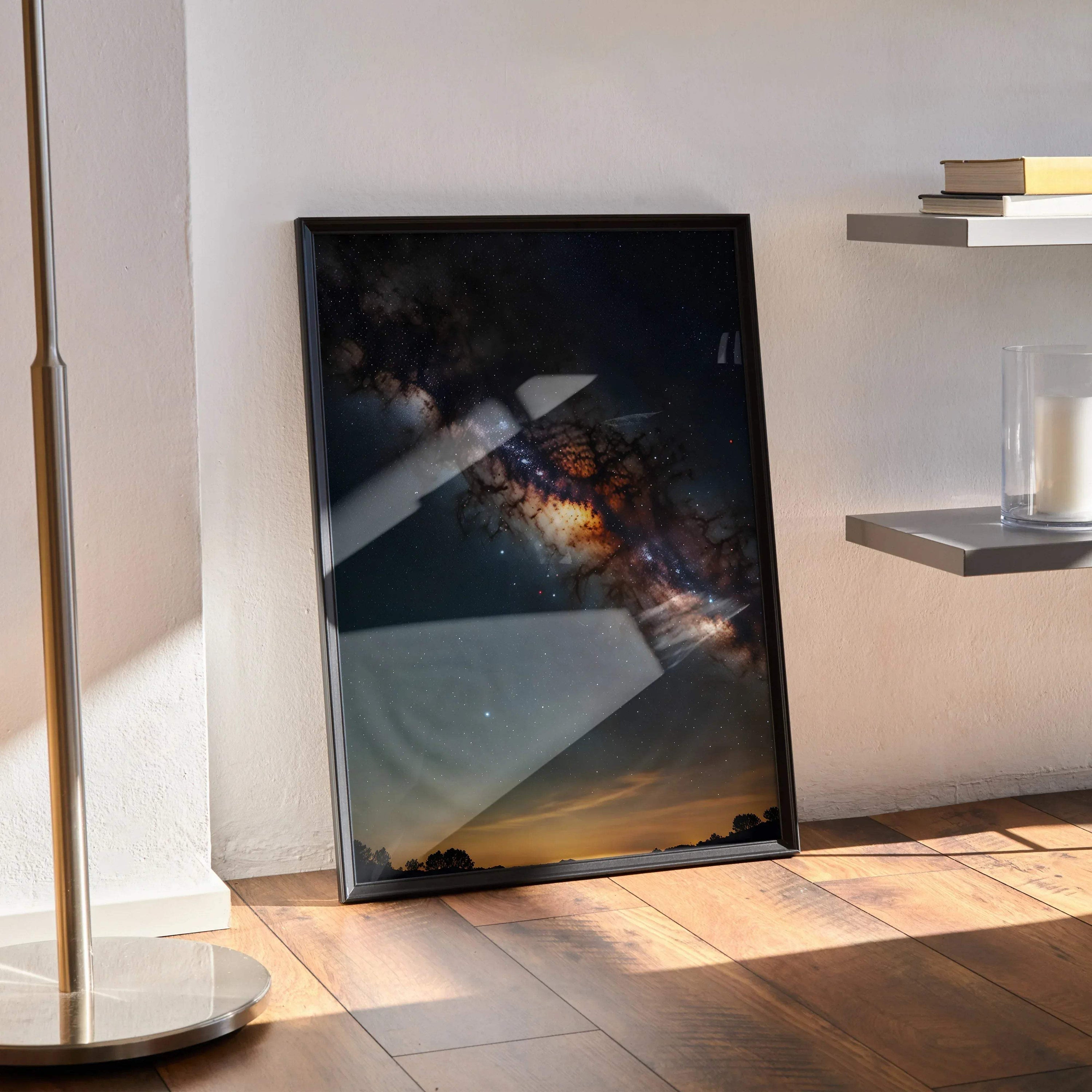 Vertical night sky poster wall art with vibrant stars and galaxy in a black frame.