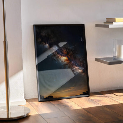 Vertical night sky poster wall art with vibrant stars and galaxy in a black frame.