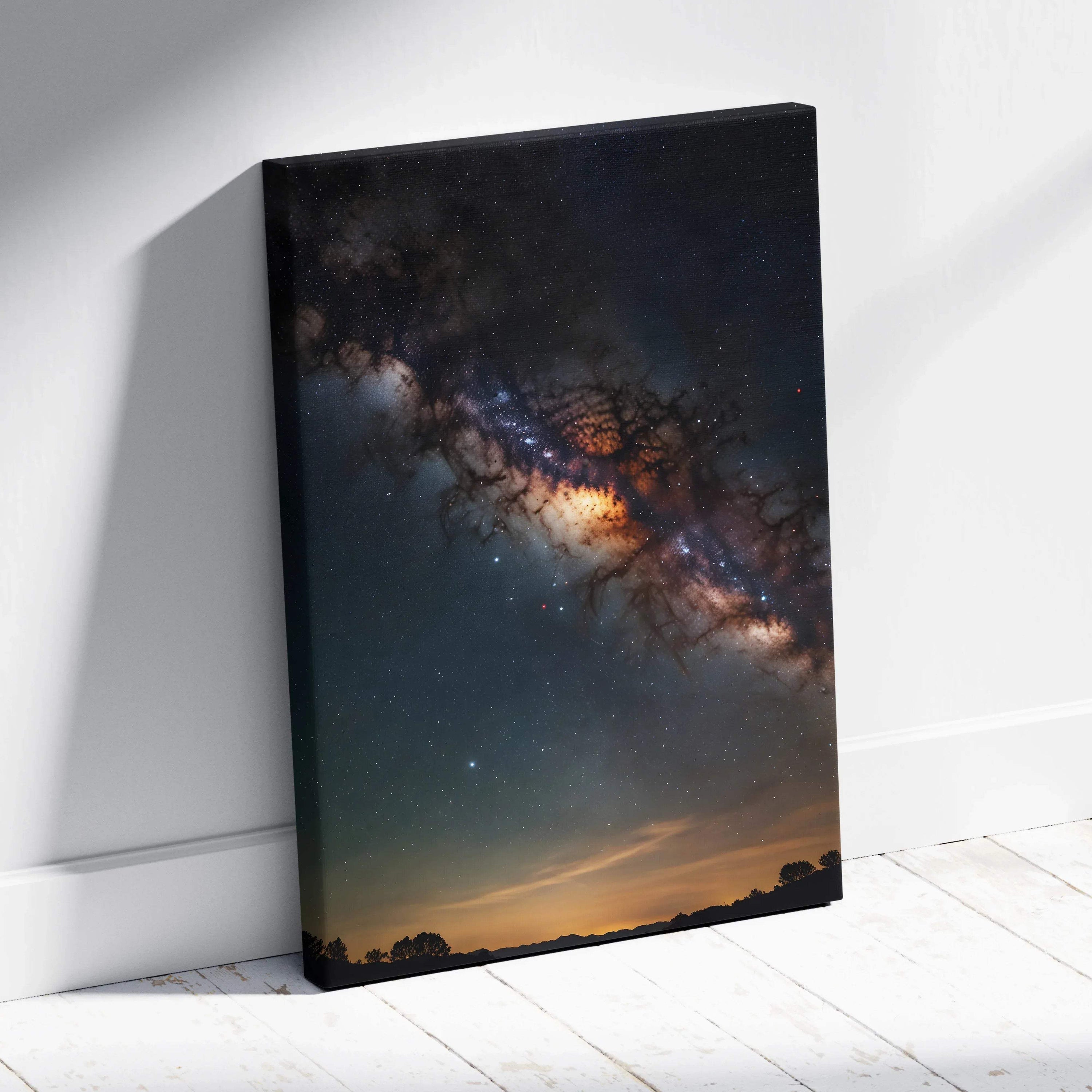 Vertical canvas wall art featuring a vibrant starry night sky with the Milky Way galaxy glowing above a dark horizon.