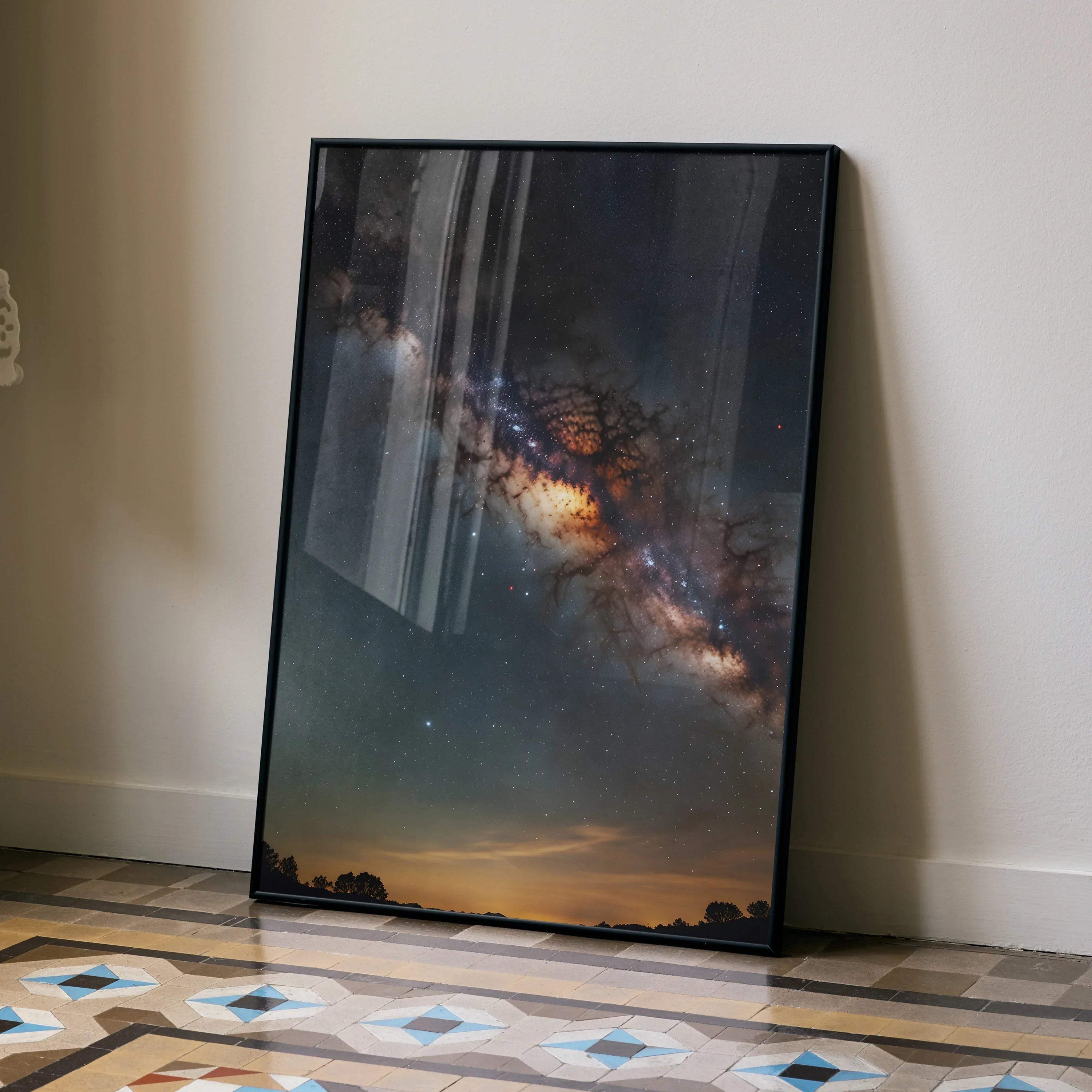 Night sky poster with Milky Way and horizon silhouette, vertical wall art print.