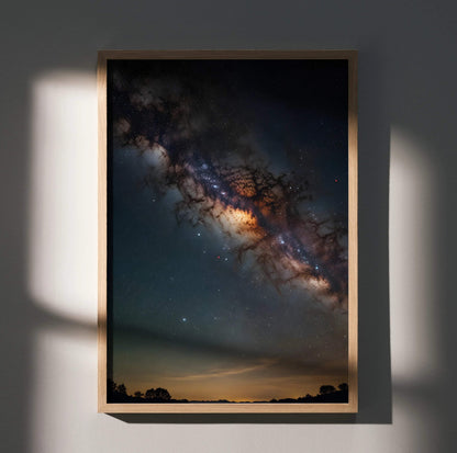 Vertical night sky poster featuring a vibrant Milky Way galaxy with dark silhouettes, digital art wall art.