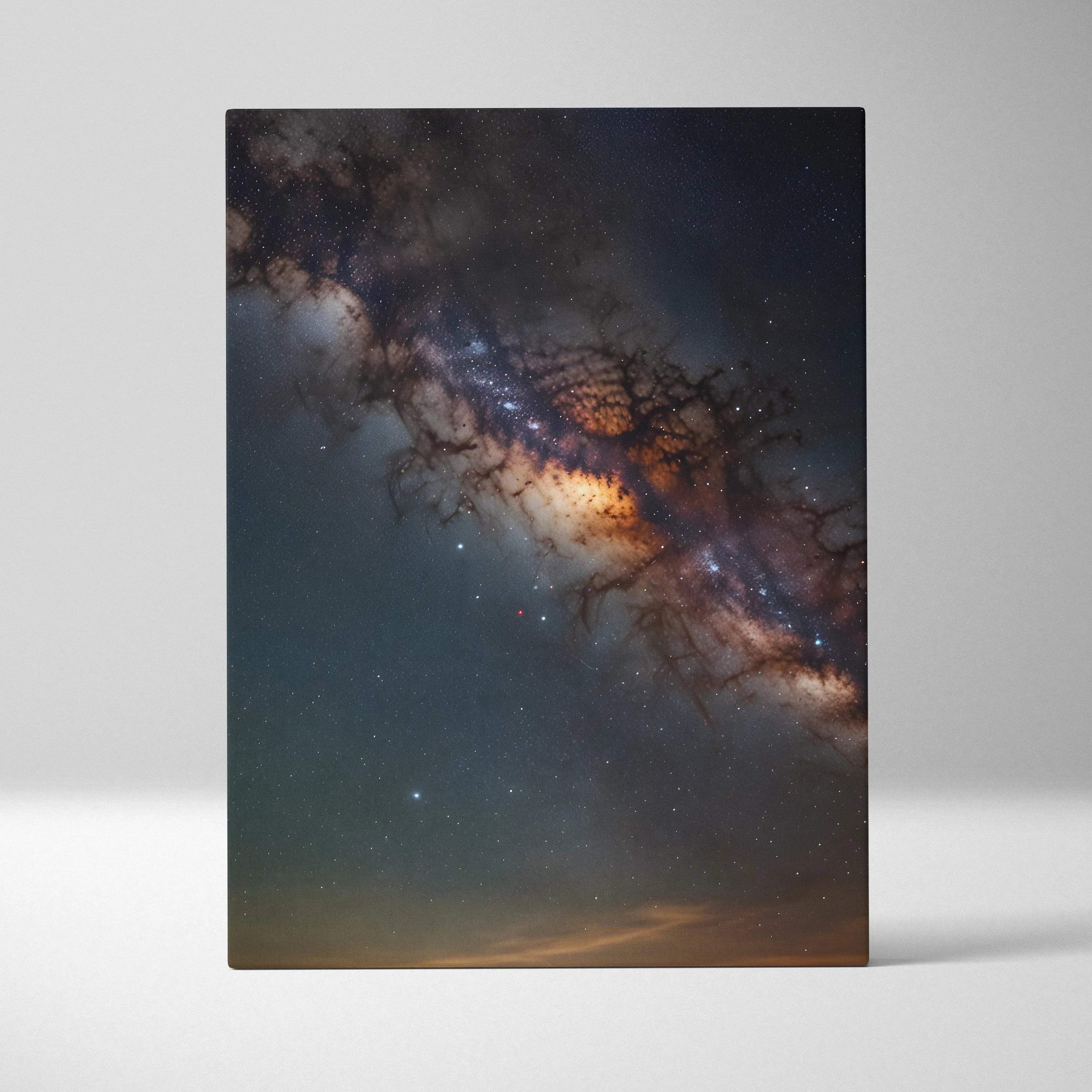 Starry night sky digital art canvas wall art with galaxy and cosmic details in dark blue and orange tones.