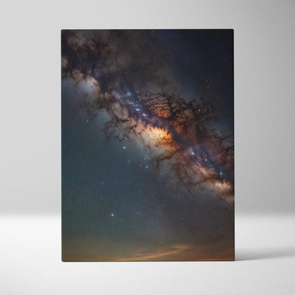 Starry night sky digital art canvas wall art with galaxy and cosmic details in dark blue and orange tones.