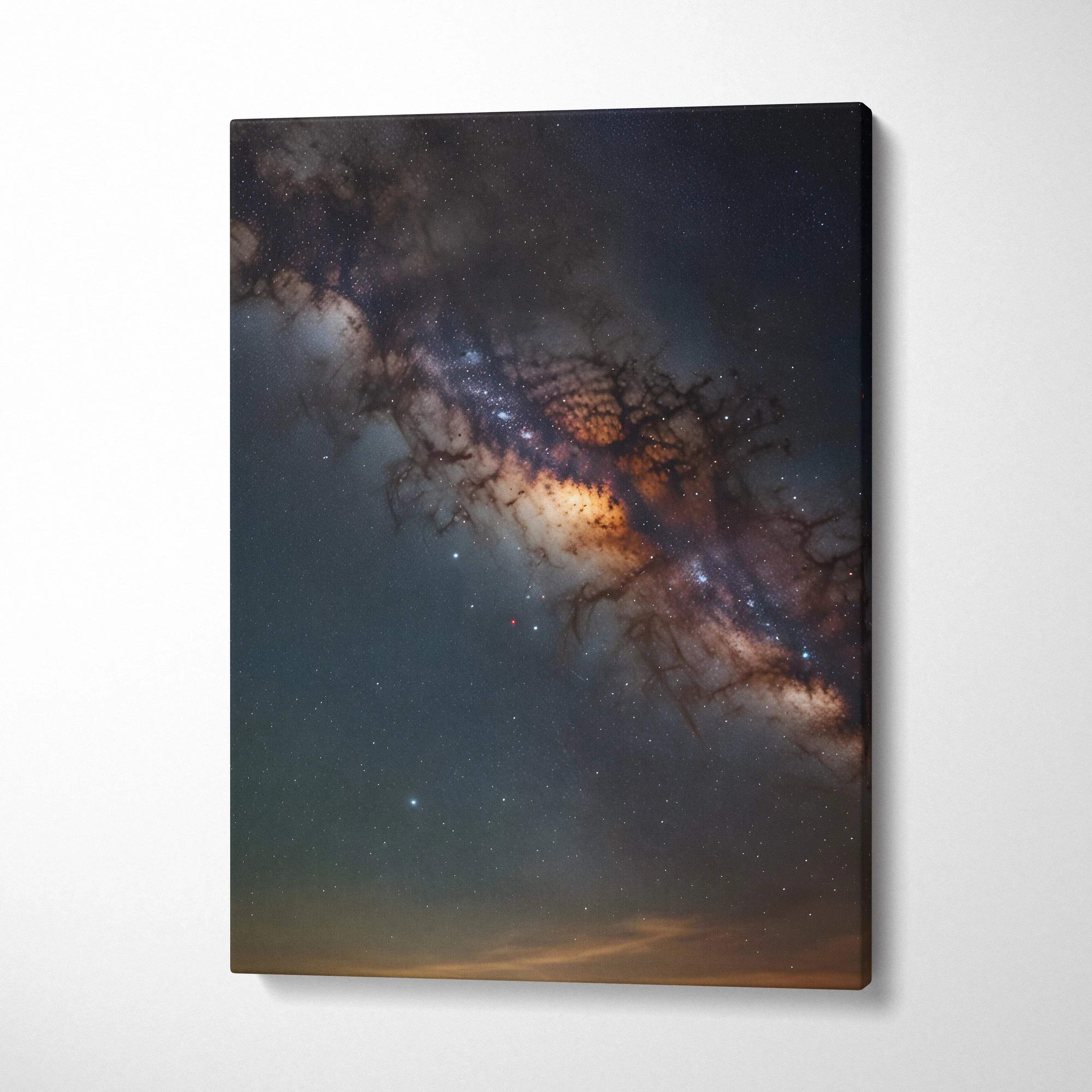 Vertical canvas wall art depicting a detailed digital night sky with stars and a glowing Milky Way band.