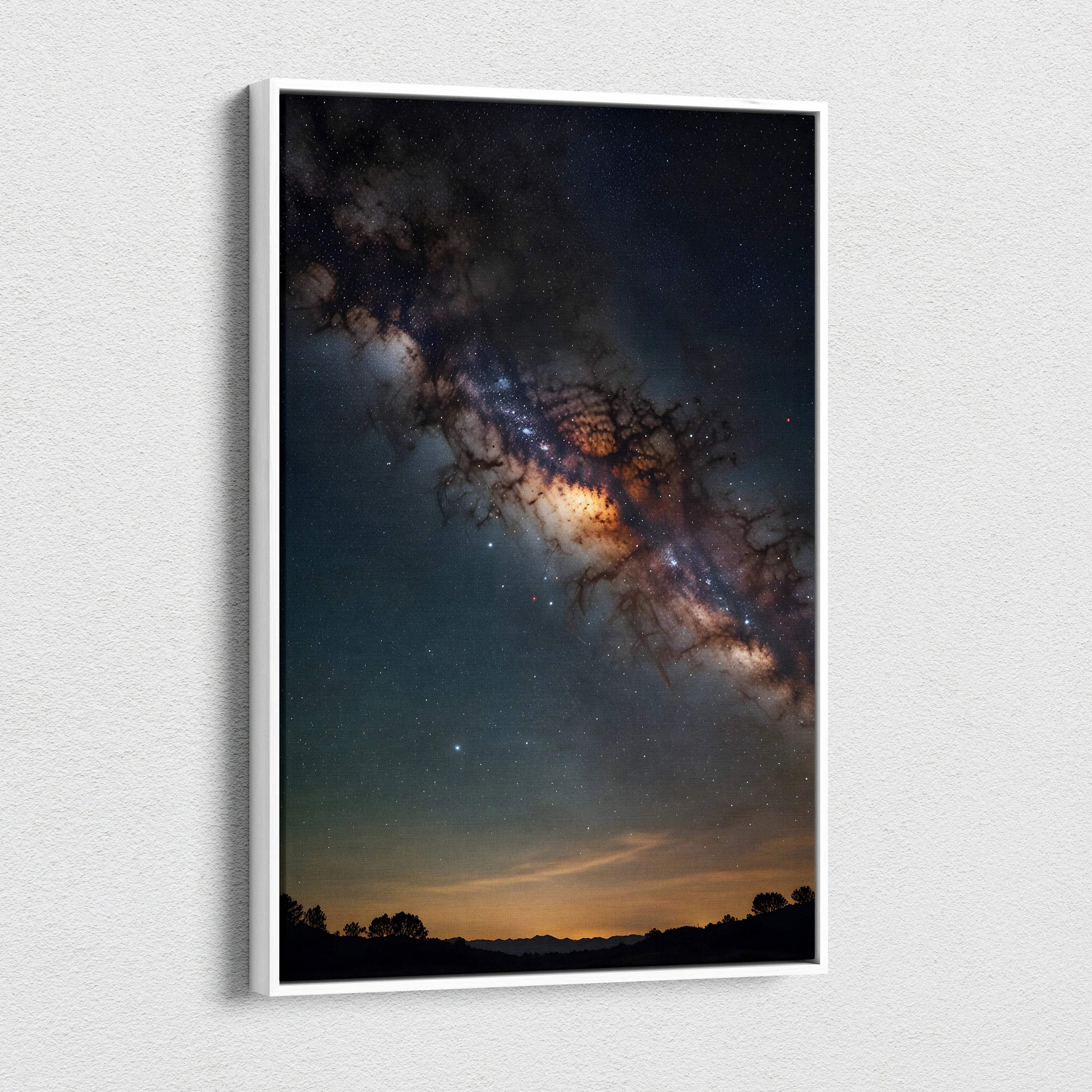 Vertical canvas wall art featuring a vivid starry night sky with a glowing Milky Way cluster above a dark horizon.