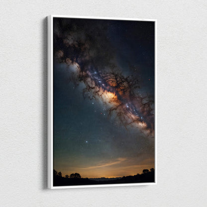 Vertical canvas wall art featuring a vivid starry night sky with a glowing Milky Way cluster above a dark horizon.