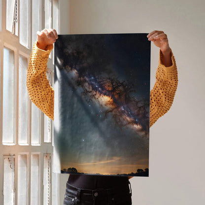Night sky poster with vibrant galaxy and stars, vertical wall art digital nature print.