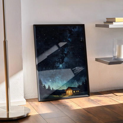 Starry night sky digital art poster with cabin and pine trees, vertical wall art print.