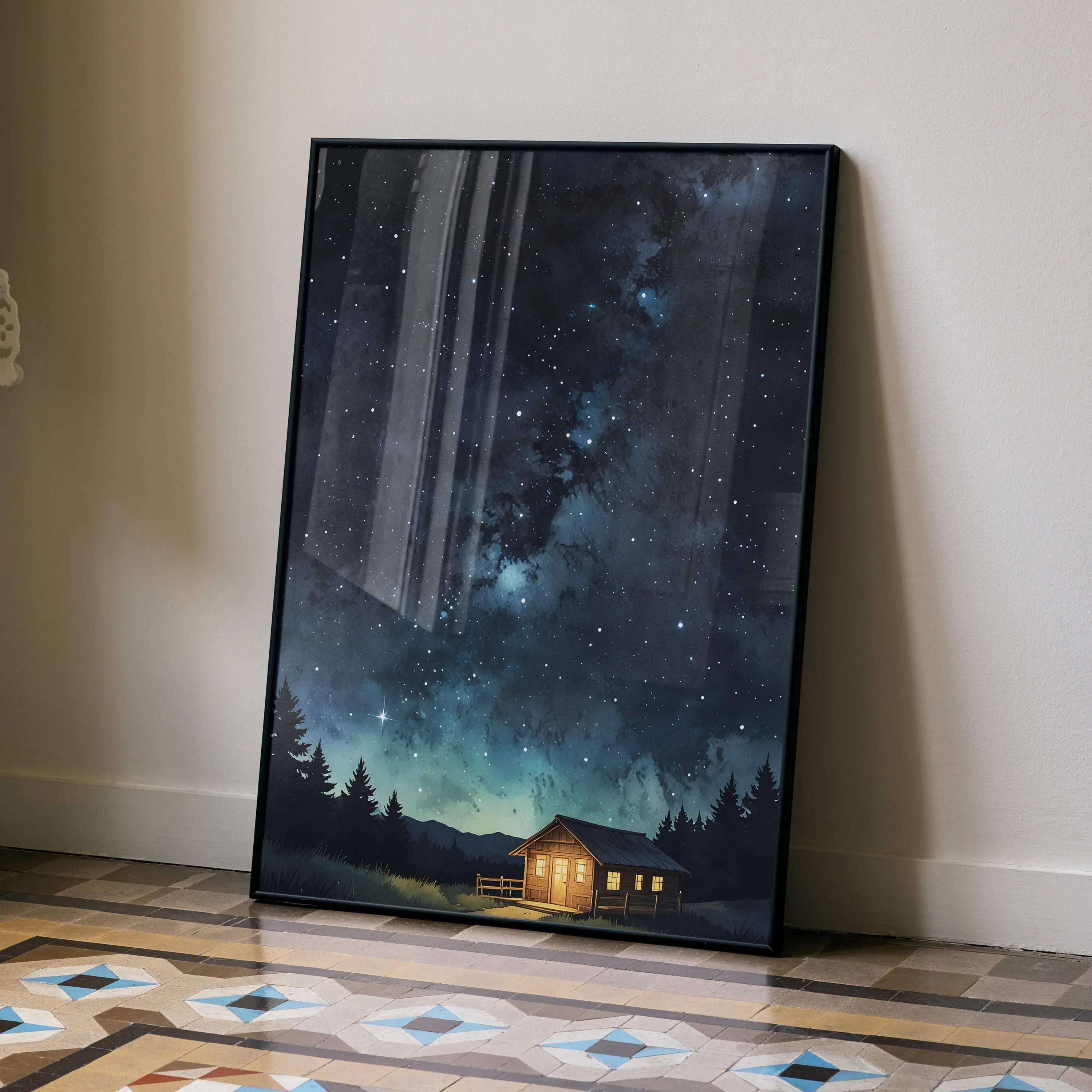Starry night sky poster wall art with glowing cabin and silhouetted trees in digital nature scene.