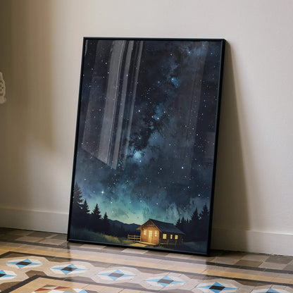 Starry night sky poster wall art with glowing cabin and silhouetted trees in digital nature scene.