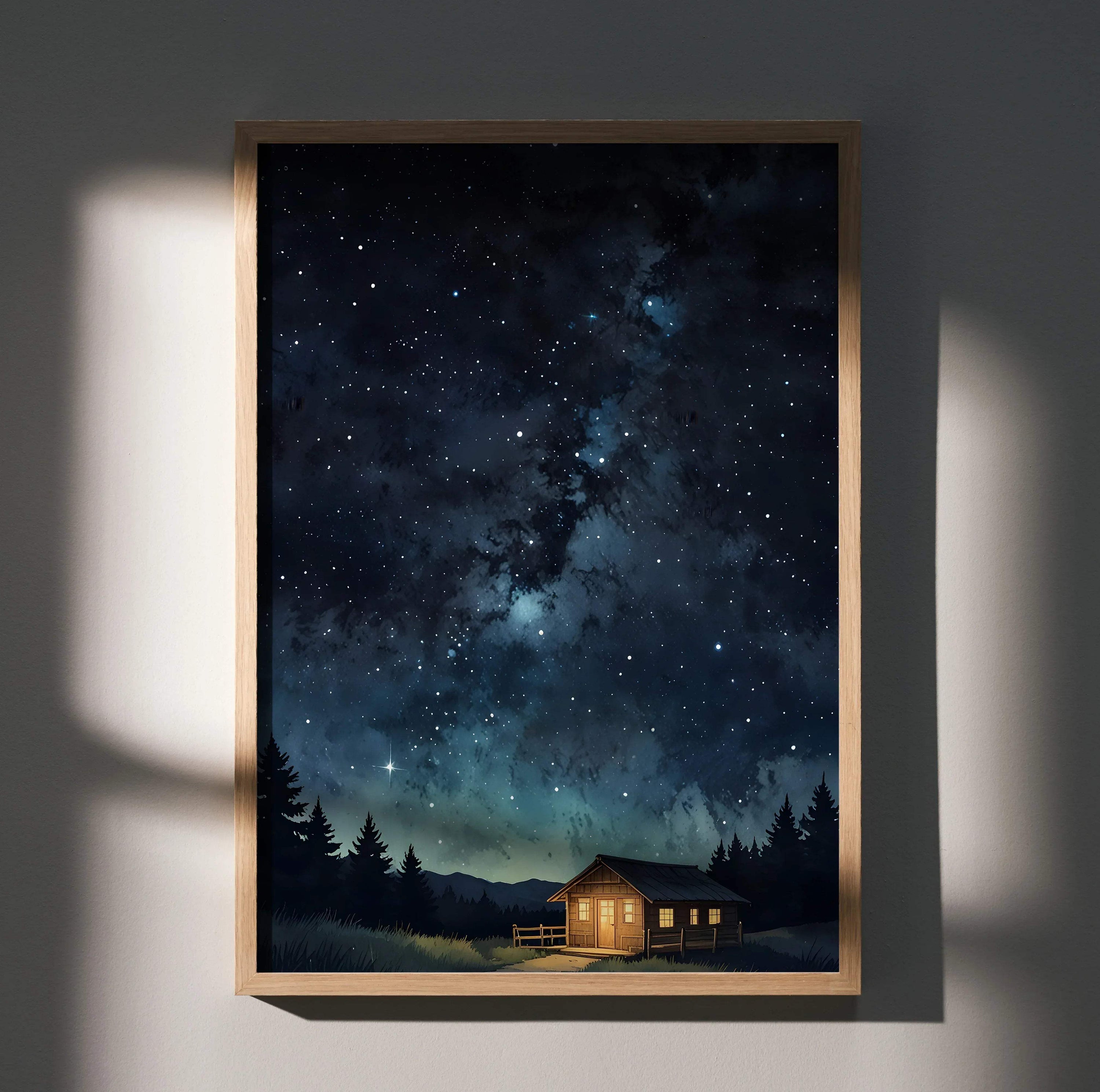 Starry night sky digital art poster with glowing cabin and pine trees, vertical wall art print.