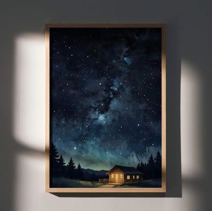 Starry night sky digital art poster with glowing cabin and pine trees, vertical wall art print.