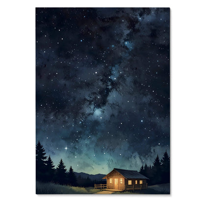 Starry night sky digital art poster with glowing cabin and silhouetted pine trees wall art.