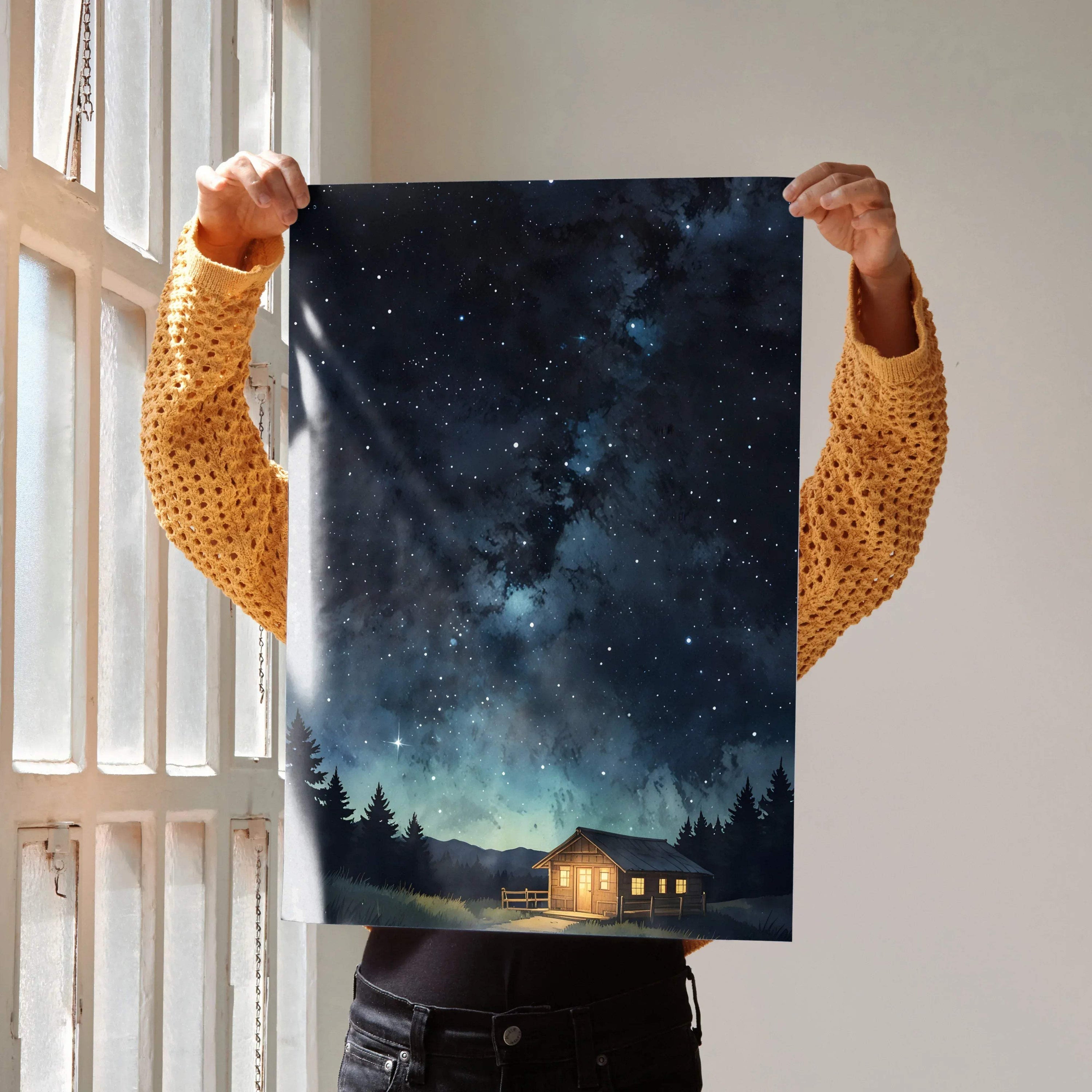 Starry night sky digital art poster with glowing cabin and silhouetted pine trees wall art.