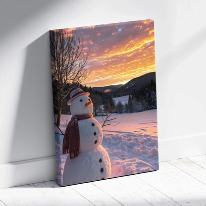 Canvas wall art featuring a snowy landscape with a snowman and vibrant sunset sky.
