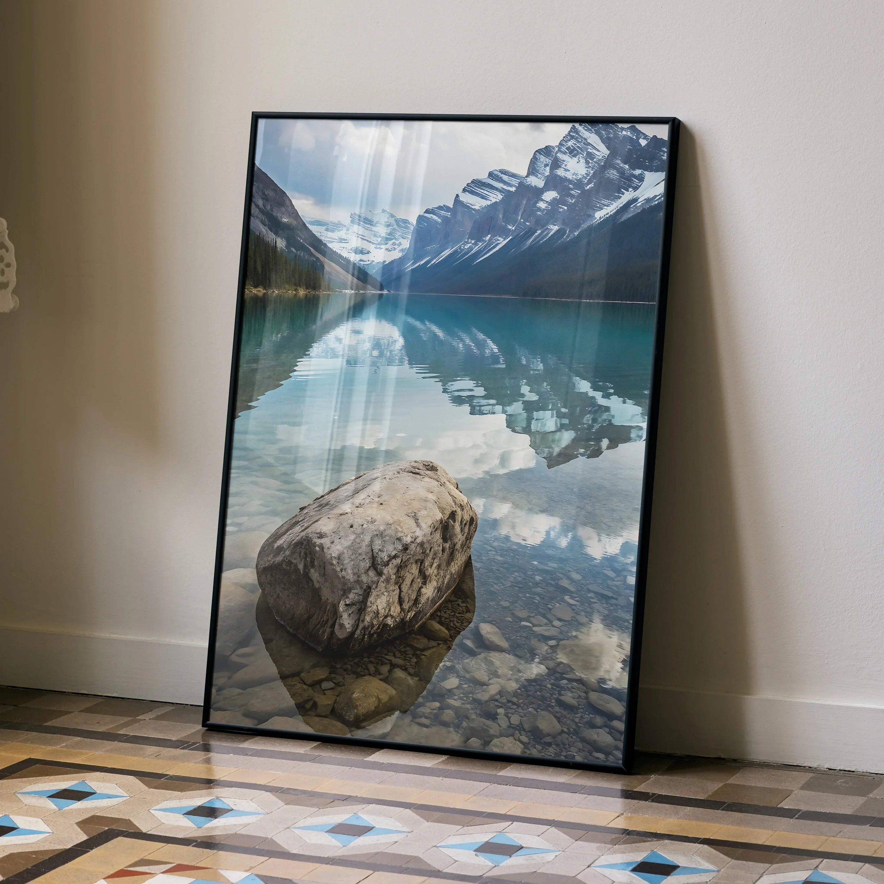 Majestic mountain landscape poster with clear lake reflection and large foreground rock, vertical wall art.