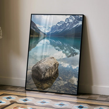 Majestic mountain landscape poster with clear lake reflection and large foreground rock, vertical wall art.
