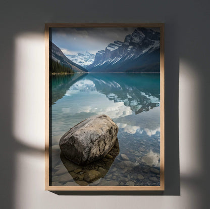 Majestic mountain landscape poster with clear lake reflection and large rock foreground wall art.