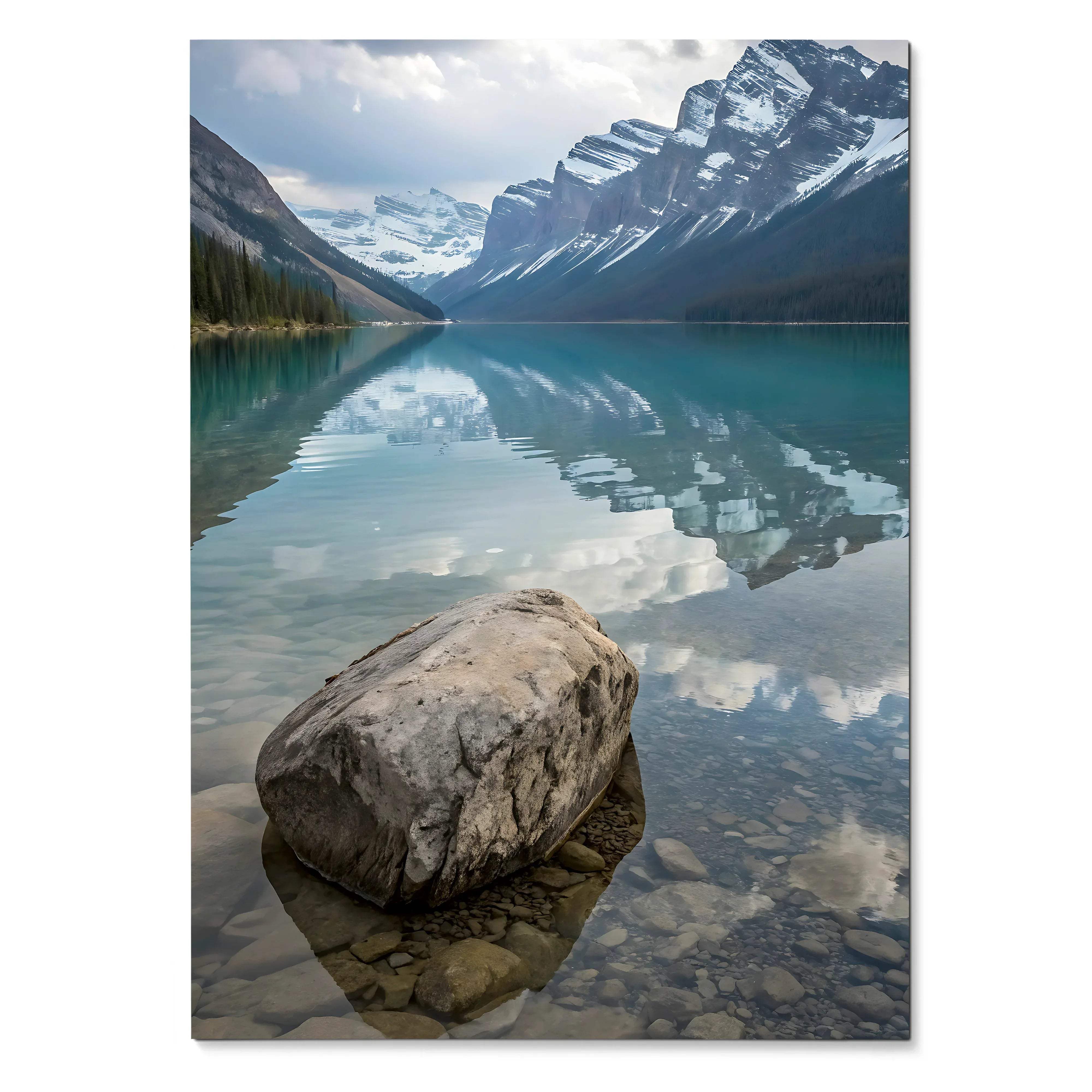 Vertical poster of majestic snow-capped mountains reflected in calm turquoise lake, nature wall art.