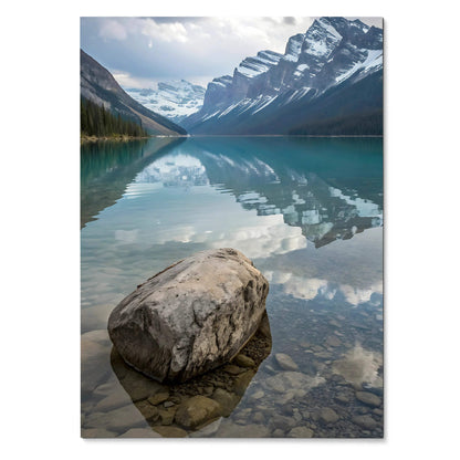 Vertical poster of majestic snow-capped mountains reflected in calm turquoise lake, nature wall art.