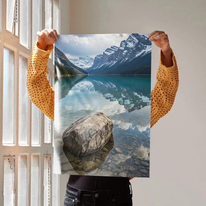Majestic mountain landscape poster with clear lake and rock reflecting snow-capped peaks wall art.