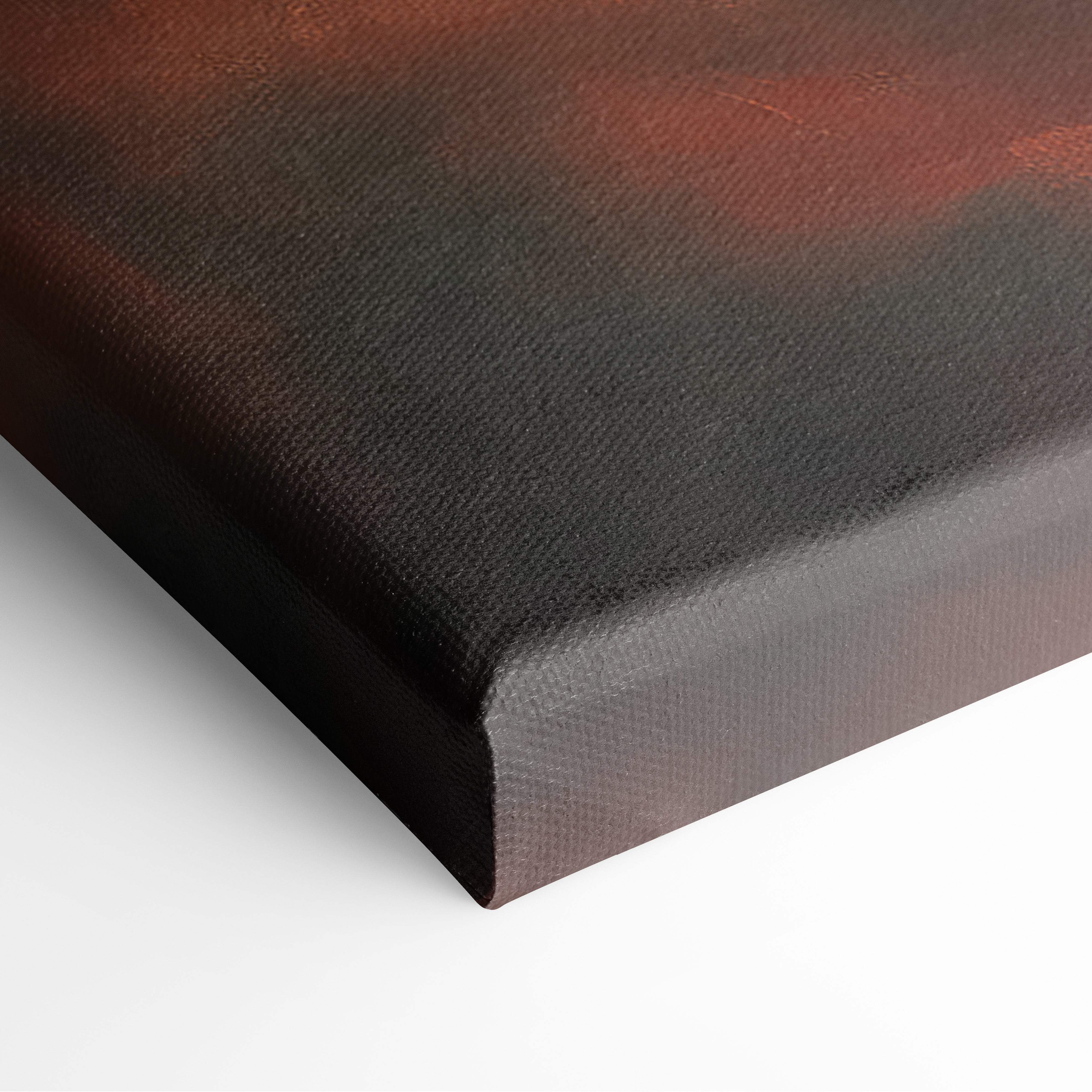 Black canvas wall art print with textured surface featuring apocalyptic storm skull in fiery reddish brown gradient
