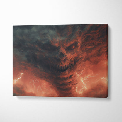 Apocalyptic Storm Skull Formed in Fiery Clouds – Menacing Demonic Face Emerging from Lightning-Filled Sky, Dark Fantasy Horror Atmosphere Wall Art Print