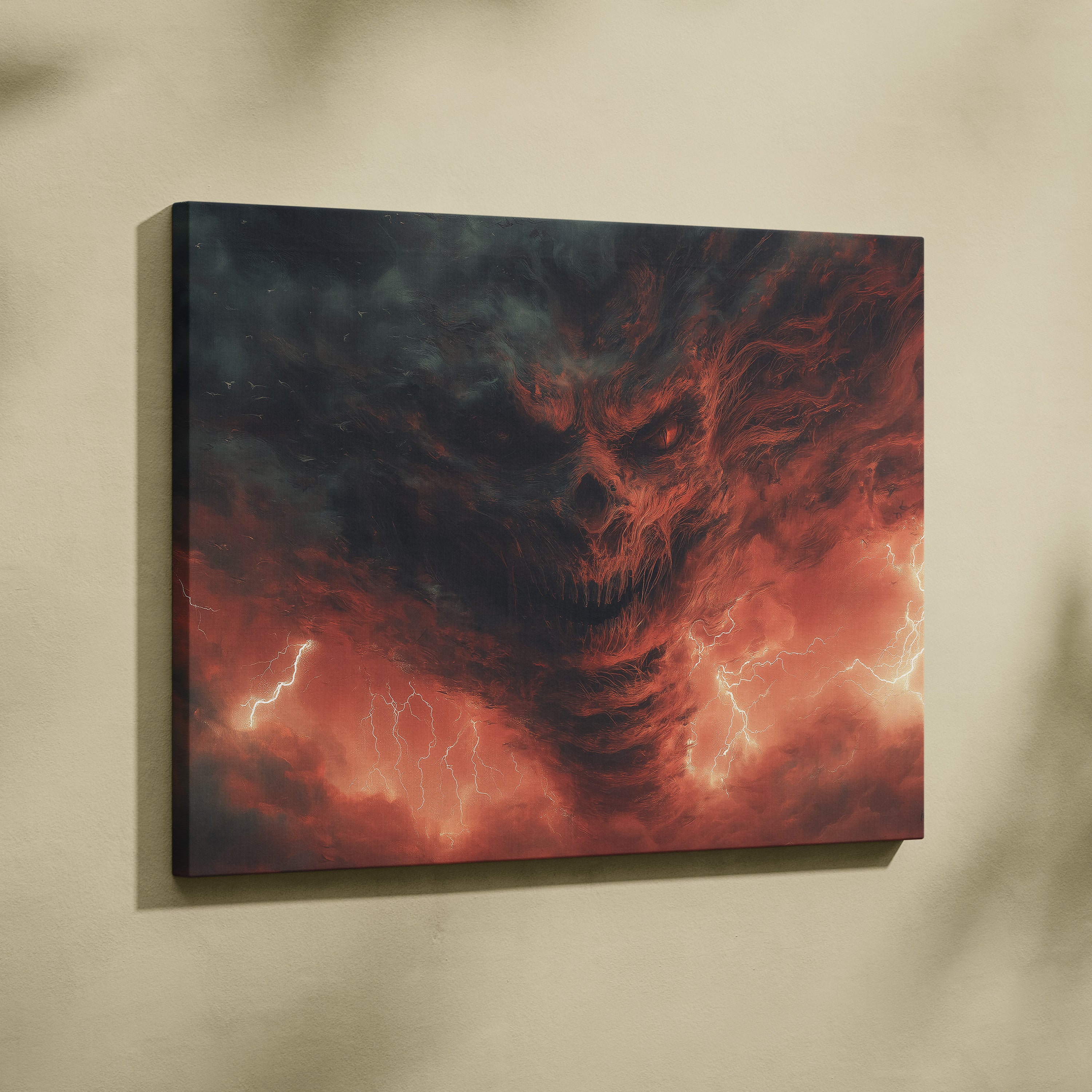 Apocalyptic Storm Skull Formed in Fiery Clouds – Menacing Demonic Face Emerging from Lightning-Filled Sky, Dark Fantasy Horror Atmosphere Wall Art Print