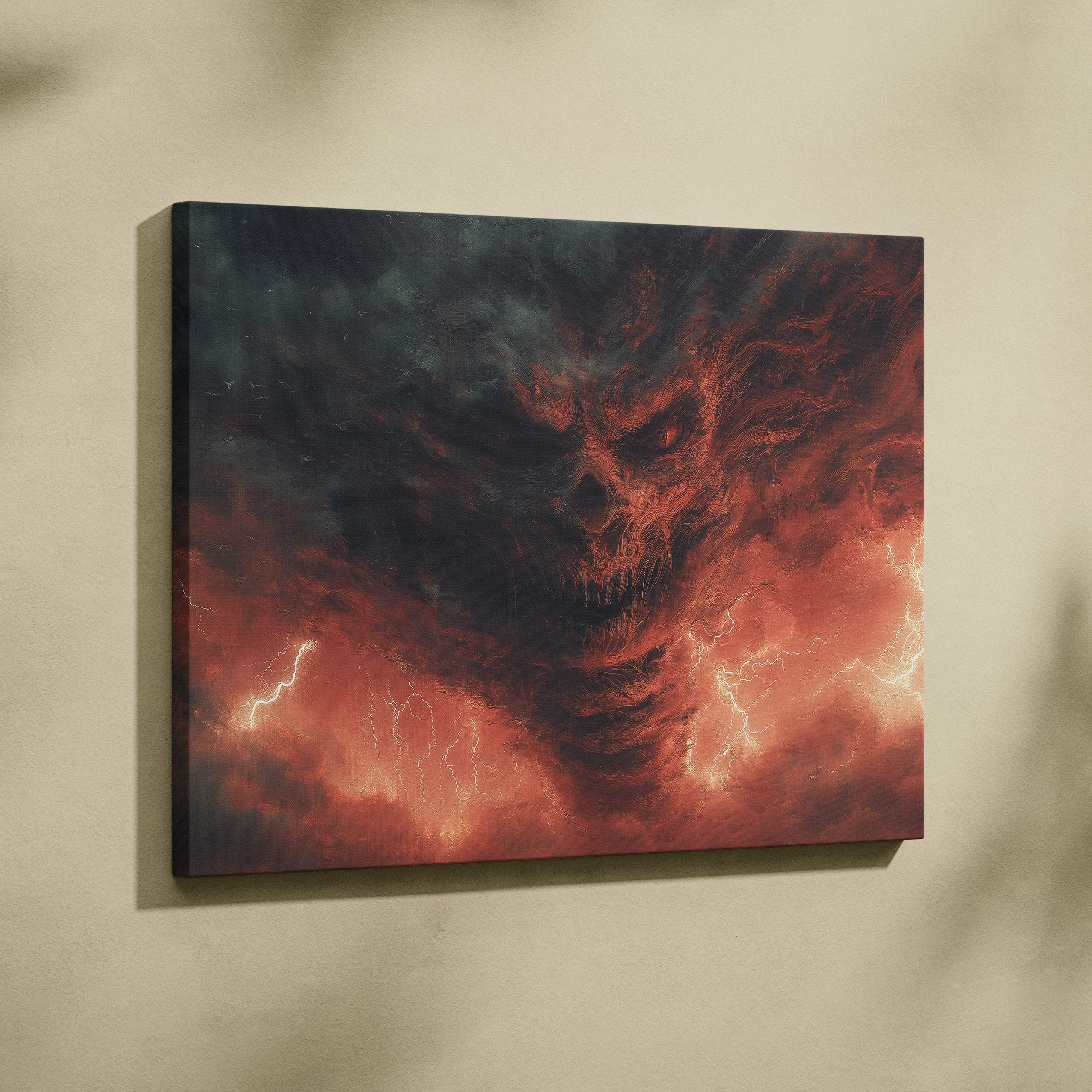 A canvas print of a fiery demonic face with glowing red eyes and lightning bolts in dark stormy clouds