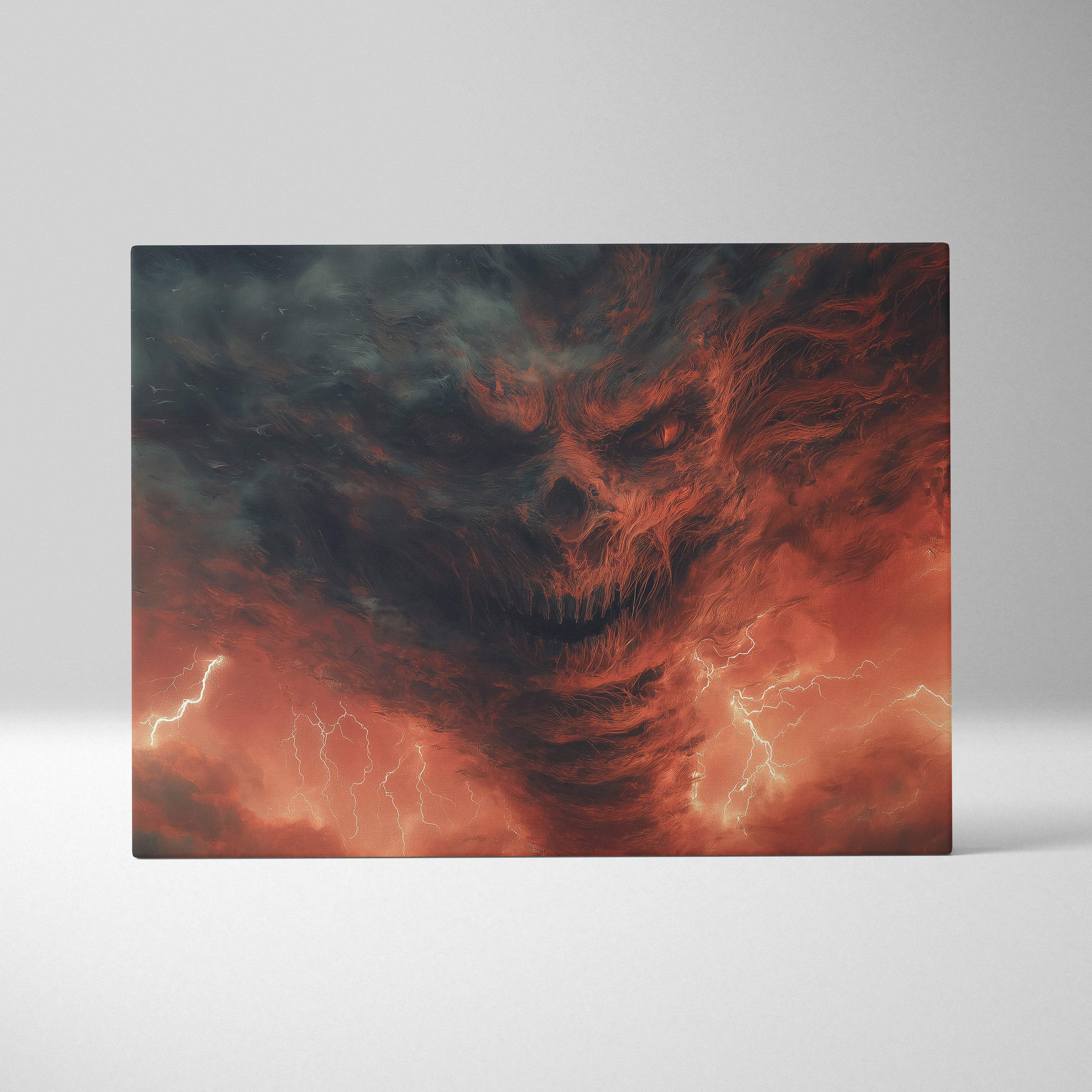 A rectangular canvas print of a menacing fiery skull emerging from turbulent red and black clouds with lightning