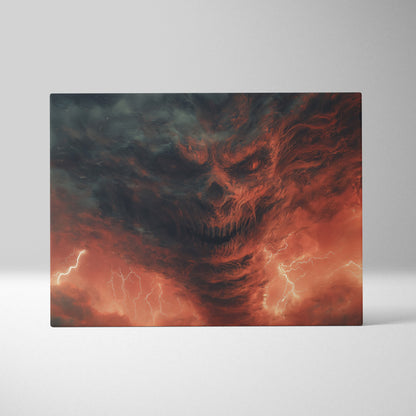Apocalyptic Storm Skull Formed in Fiery Clouds – Menacing Demonic Face Emerging from Lightning-Filled Sky, Dark Fantasy Horror Atmosphere Wall Art Print