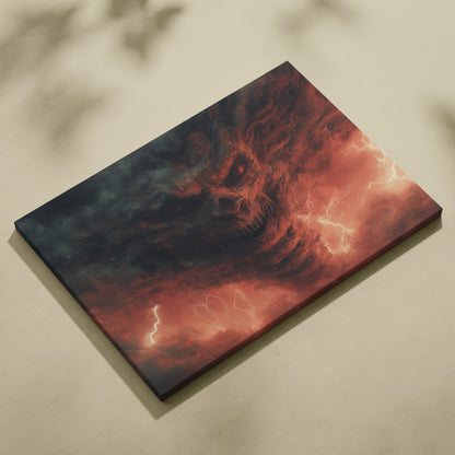 Apocalyptic Storm Skull Formed in Fiery Clouds – Menacing Demonic Face Emerging from Lightning-Filled Sky, Dark Fantasy Horror Atmosphere Wall Art Print