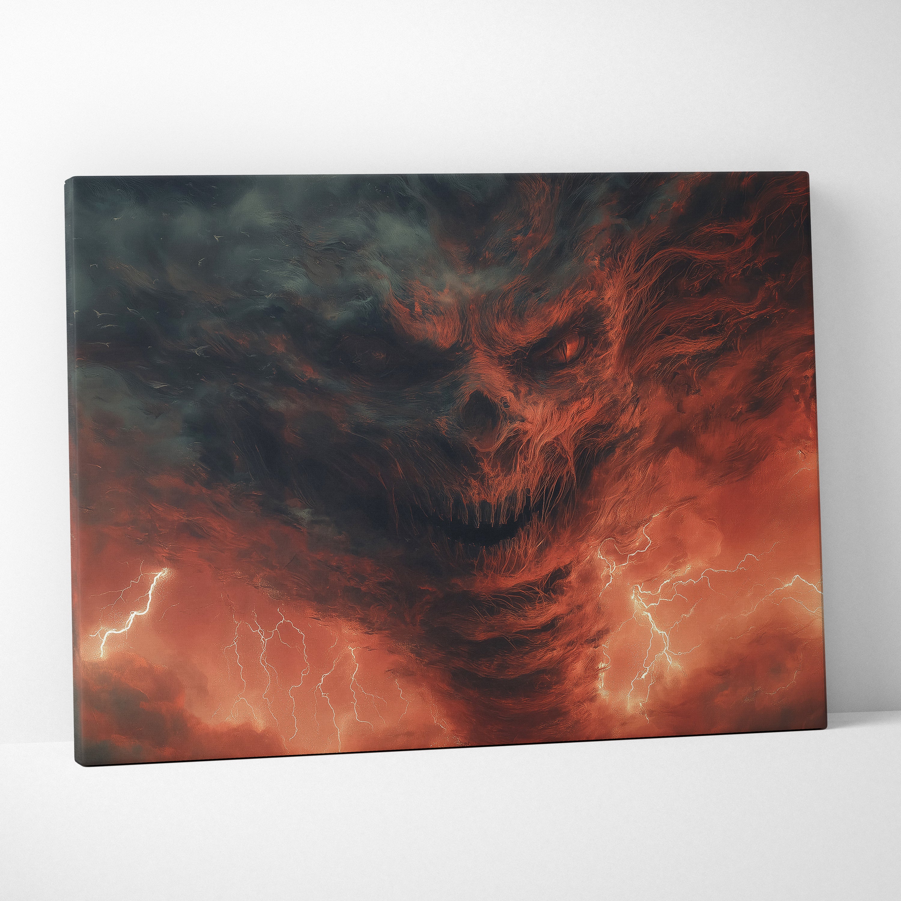 Apocalyptic Storm Skull Formed in Fiery Clouds – Menacing Demonic Face Emerging from Lightning-Filled Sky, Dark Fantasy Horror Atmosphere Wall Art Print